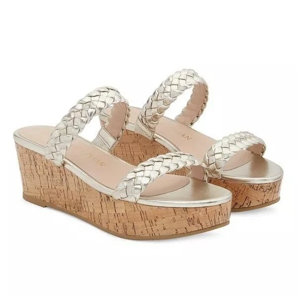 Stuart Weitzman Aleena Woven Slide Wedge Womens Size 12 Cork Metallic Braided - Image 4 of 4