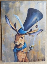 PRINT~Steampunk~~HARE~~rabbit~~Whimsical~ART~5" x 7"~Tophat~~Surreal~pipe