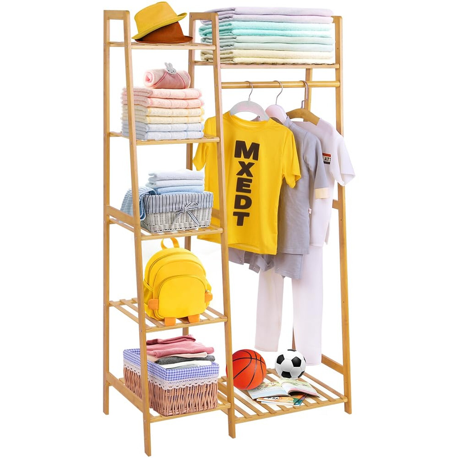 Bamboo Wood Garment Rack with Shelves for Hanging Clothes-image