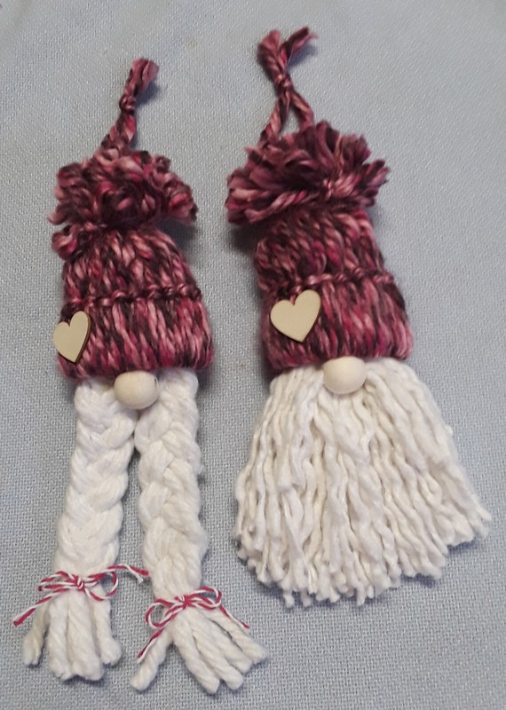 New Pair of Handmade Yarn / Cotton Gnome Ornaments Valentine's Day / Christmas