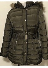 Nwt Ymi Junior's Belted Hooded Fur Lined Puffer Jacket Olive Sz Lg Msrp $198.00