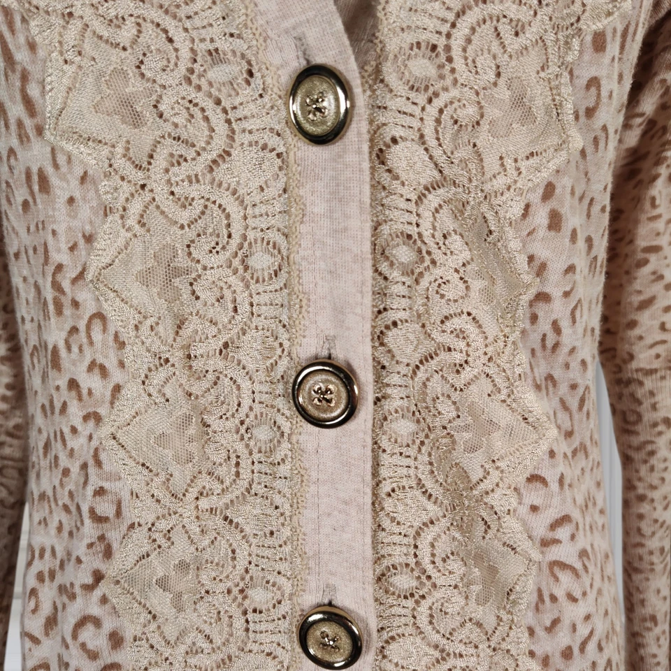 Cárdigan Suéter Charlotte Tarantola Talla L Beige Estampado Animal Encaje Ribete Algodón Foto 3 de 4