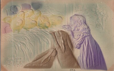 Vintage Easter Postcard: Girl with Two Bunnies Watching Baby Chicks 