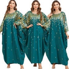 Women Muslim Abaya Batwing Sleeve Maxi Dress Printed Loose Kaftan Islamic Robes