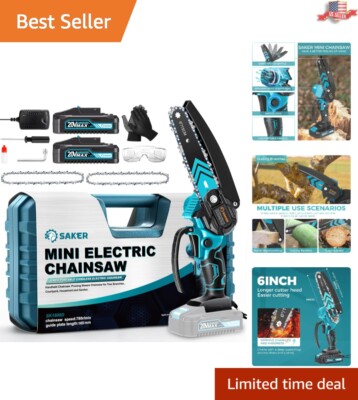Compact 6-Inch Electric Mini Chainsaw - Includes 2 Batteries & Extra Chains