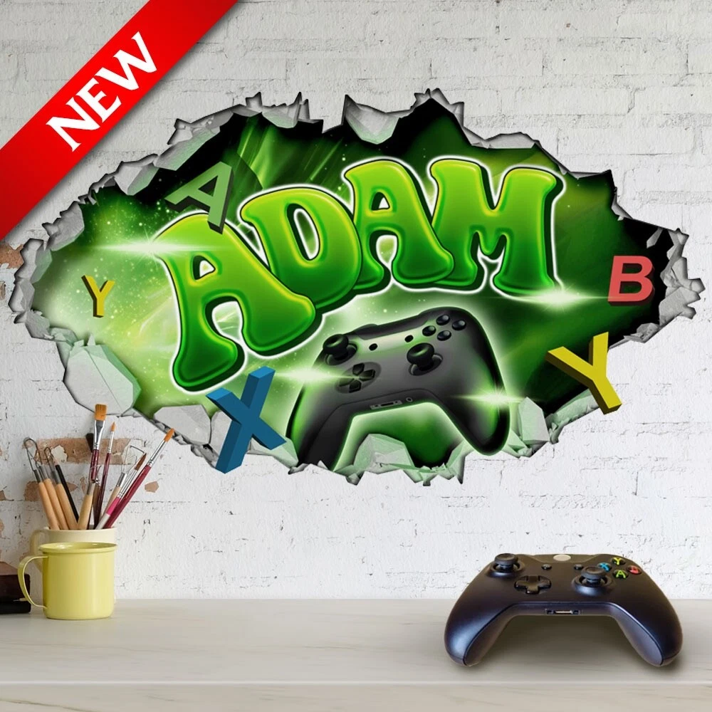 PERSONALISED 3D EFFECT GAMER MURAL WALL ART STICKER DECAL FOR BEDROOM GAMES ROOM