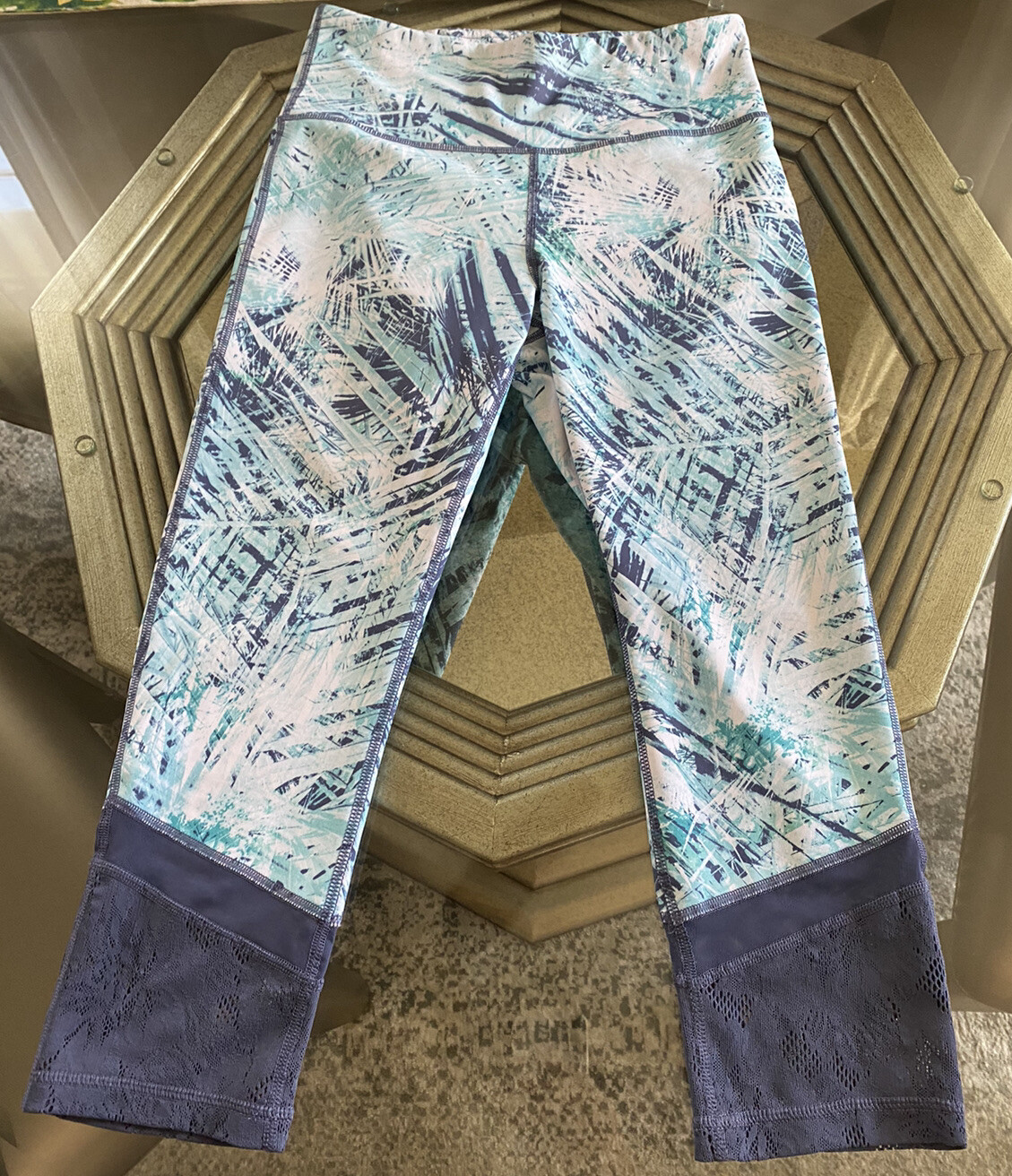 Donna FILA SPORT vita alta stampa palma Capris blu verde bordo pizzo medio