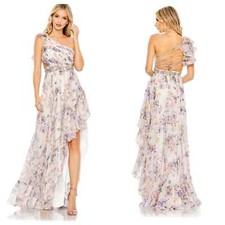 Mac Duggal Floral Chiffon Open Back Asymmetrical Slit Dress Gown Size 10 NWT
