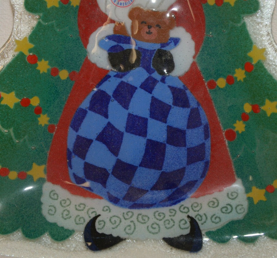 Peggy Karr Fused Glass Santa Christmas Tree Shape 14" Tray Signed w