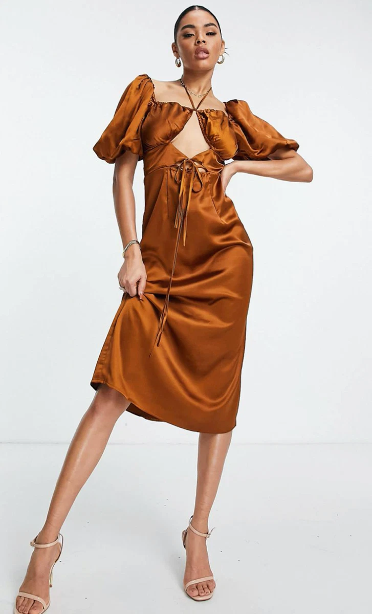 Missguided Tie Front Puff Sleeve Satin Midi Dress in Rust Size 10