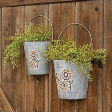 Set/2 Washed Metal Sunflower & Bee Wall Buckets Planter Country Farmhouse CWI