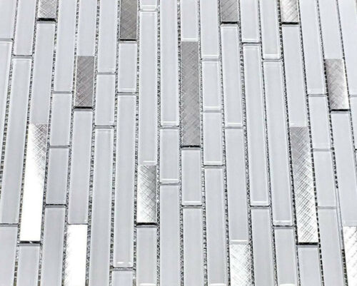 Pure White Glass and Brushed Aluminum 12x12 Matchstick Mix Mosaic Wall Tile - Picture 5 of 7