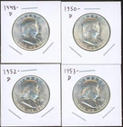 Lot of (4) Coins - 90% Silver Franklin Half Dollars: 48-D, 50-D, 52-D, 53-D