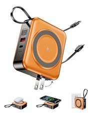 Magnetic Portable Charger 10000mAh Power Bank Built in Cables AC Orange