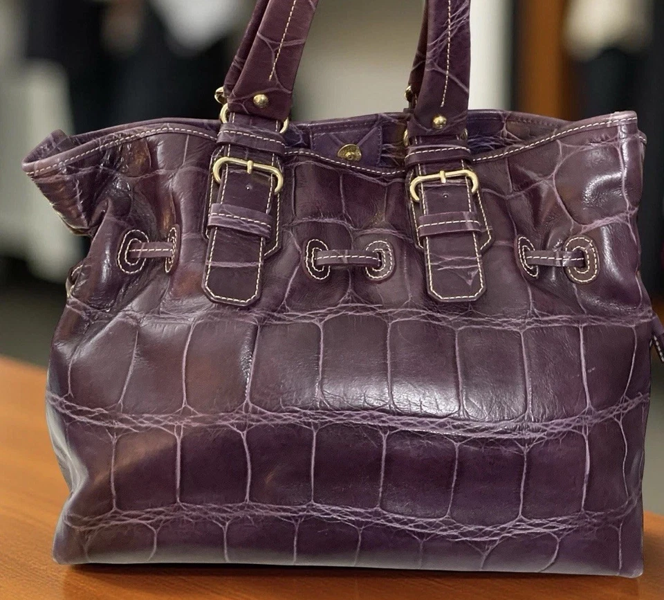 Bolso de Mano Dooney Bourke Púrpura Chiara Hobo Croco Cuero Repujado Cordón Y2K Foto 3 de 4