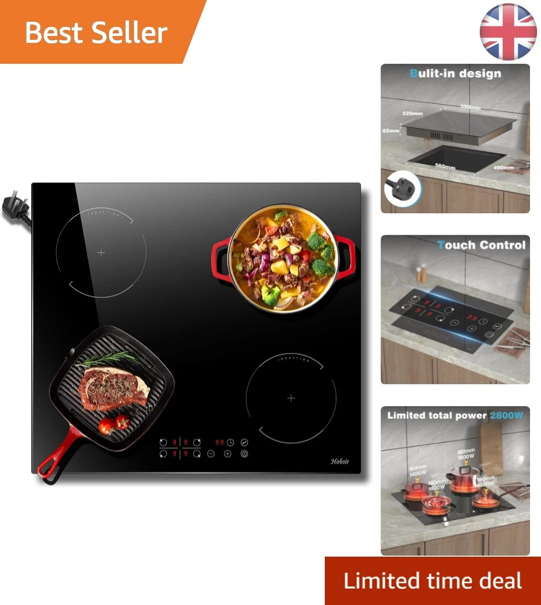 Hobsir 60cm Built-in Induction Hob, Electric Cooker with Touch Control & Timer