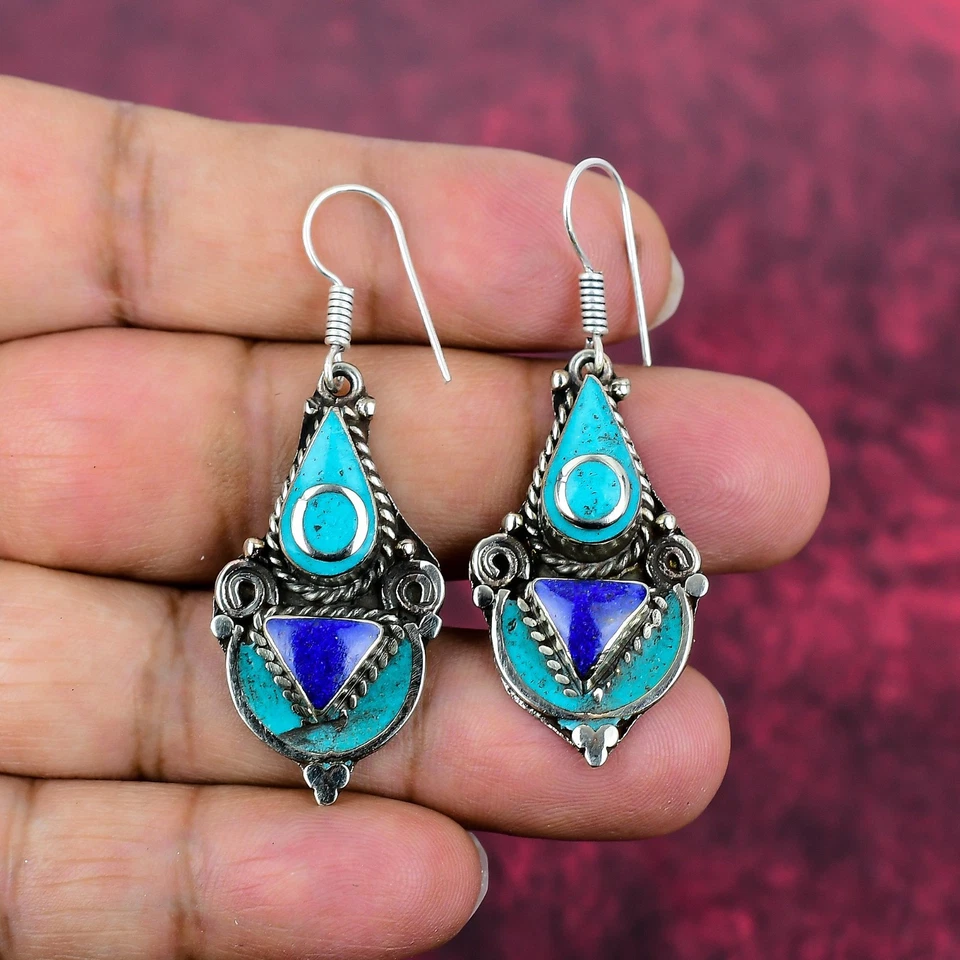 Turquoise Lapis lazuli Earrings Tibetan 925 Sterling Silver Handmade Jewelry - Image 3 of 4