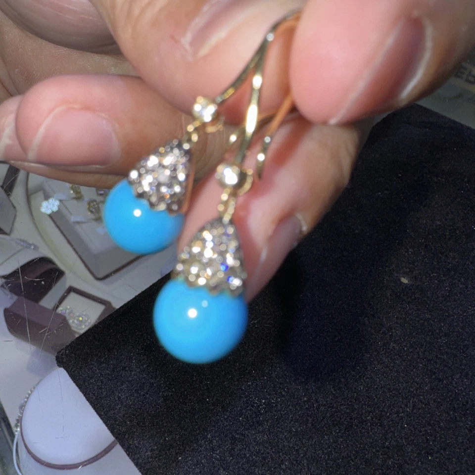 Pendientes colgantes turquesa de la Bella Durmiente de oro amarillo sólido de 14kt con diamantes Foto 3 de 4