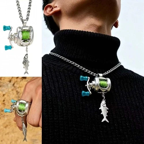 Rotating Handle Fishing Reel Necklace Fishing Reel Ring Mini Alloy Reels Pendant