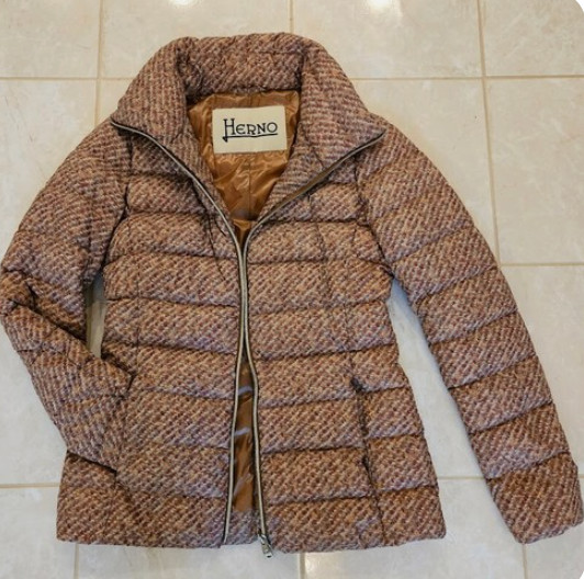 EUC Herno puffer down jacket IT 40 Small Pink / Brown tweed print Rare design