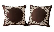 Pair Chocolate Brown Dupioni-Style Silk Pillows Intricate White Hand Beading 12”