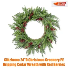 Glitzhome 24"D Christmas Greenery PE Dripping Cedar Wreath with Red Berries