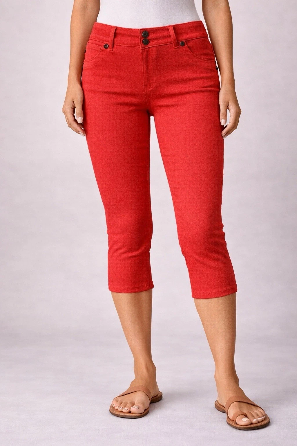 Sabrina Lauren Womens solid front zipper 5 pockets Capri w belt loops