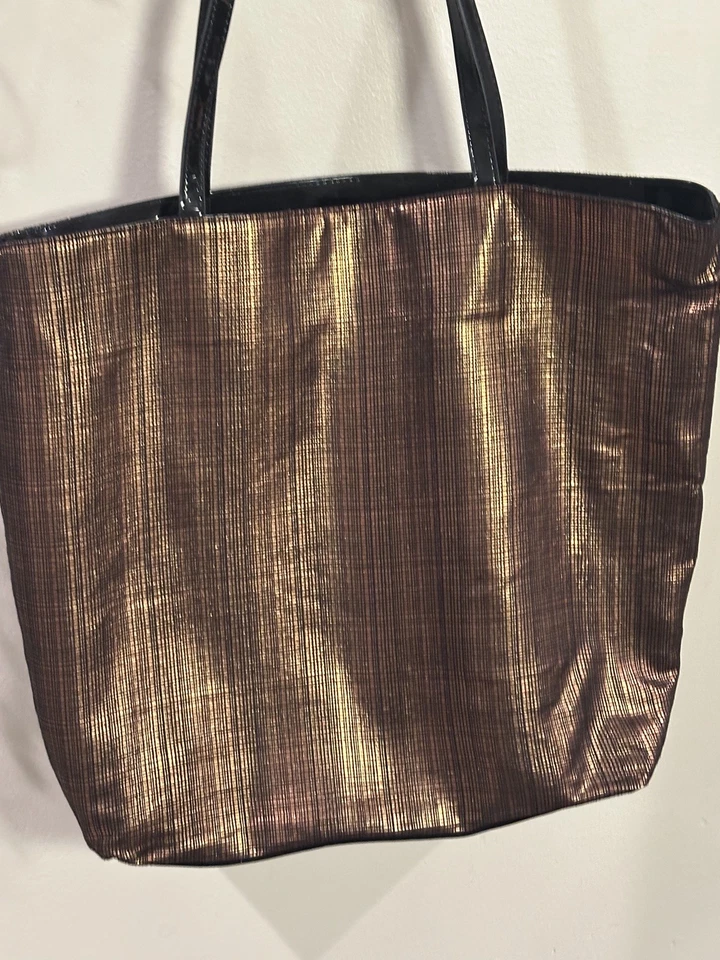 Saks Fifth Avenue Shoulder Tote Bag Double Handle Metallic Copper Brown Black - Image 2 of 4