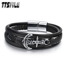 TTStyle Leather 316L Stainless Steel Anchor Magnet Buckle Bracelet NEW