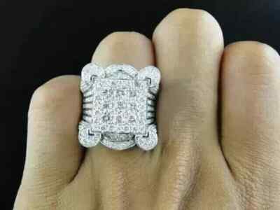 4.00Ct Round Cut Real Moissanite Cluster Men's Ring White Gold Plated Silver