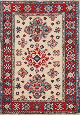 Geometric Ivory/ Red Super Kazak Oriental Accent Rug 3'x4' Wool Hand-knotted Rug