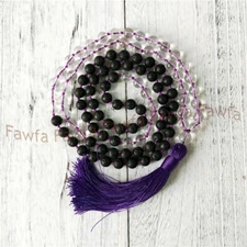 Fine Volcanic Black Lava Crystal Gems Tibetan Buddhism 108 Rosary Mara Necklace