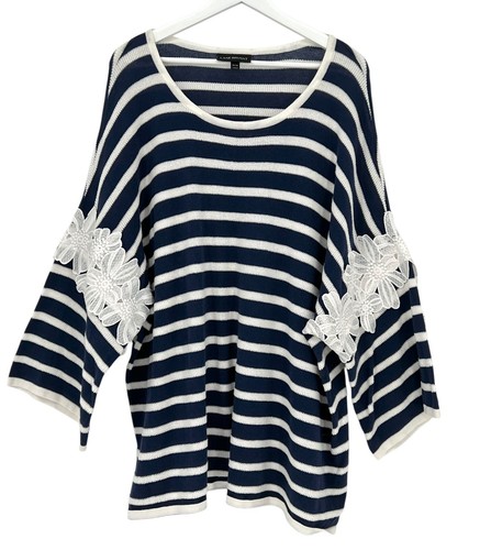 Lane Bryant Sweater Plus Size 26/28 Blue White Striped L/S Sleeve Floral Lace
