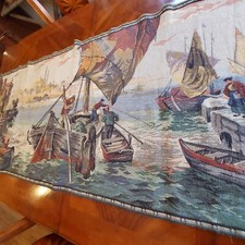 Tapestry Vintage French Medieval Boat Dock Scene Muted Colors 26" X 60"