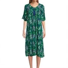 NWT Go Softly 1X Patio Dress Kaftan Zip Crinkle Green Blue Floral 124636