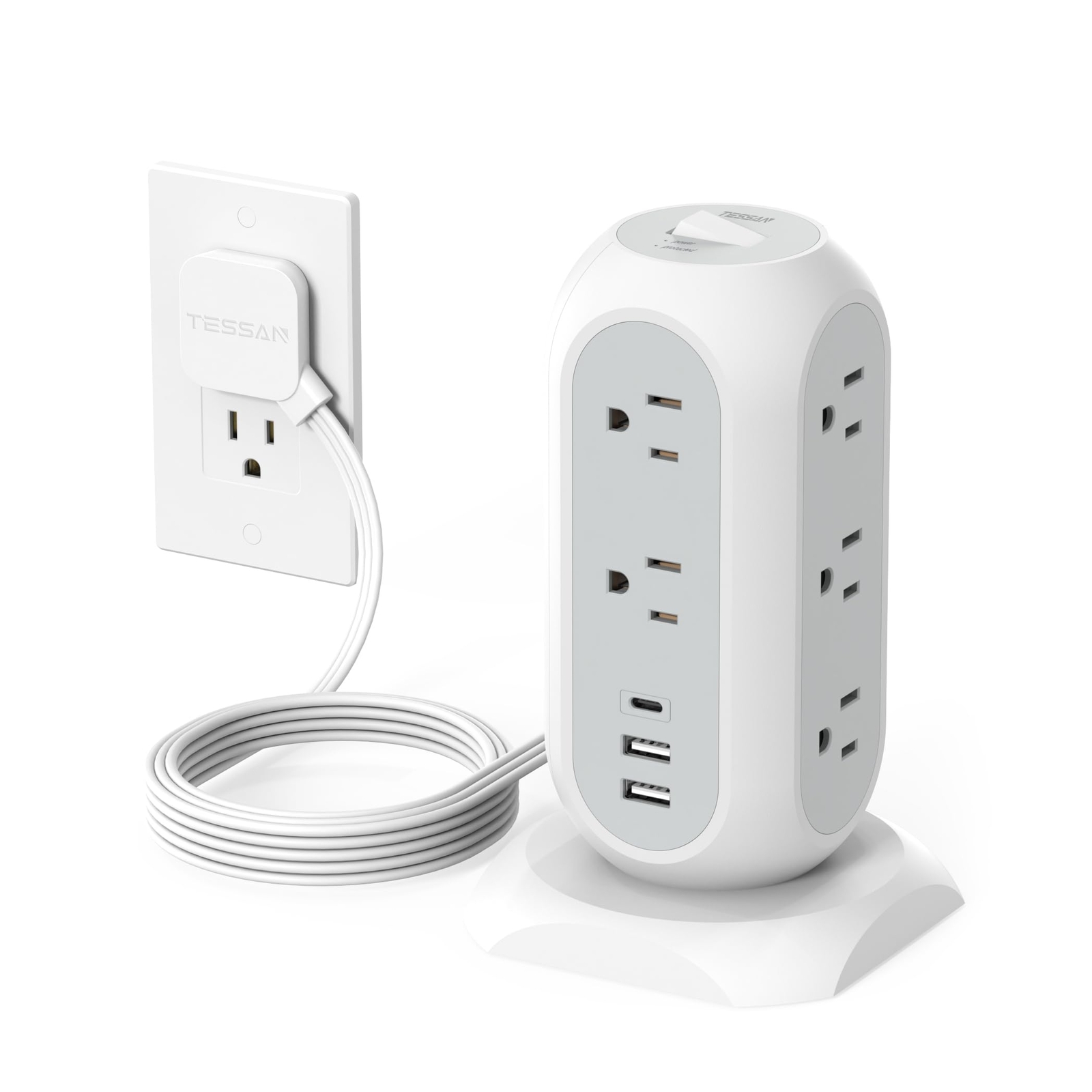 Tower Power Strip Flat Plug with 11 Outlets 3 USB 1 USB C TESSAN Surge Protec...