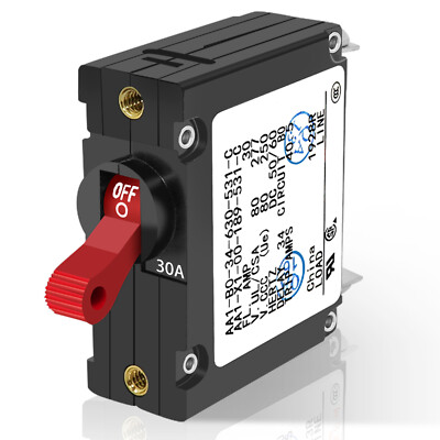 30A Boat Circuit Breaker, Magnetic Red Toggle, AC/DC Single Pole 30 Amp, Marine
