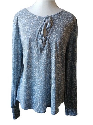 Lucky Brand M Tie Neck Paisley Print Blue Long Sleeve Boho Blouse Top Casual