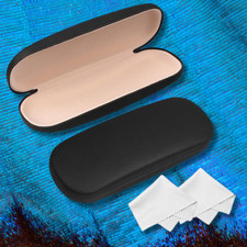 NEW Clam Shell Hard Eyeglasses PU Glasses Case Black w/Microfiber Cleaning Cloth