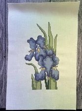 Vintage Finished Needlepoint Iris Flowers Floral Cross Stitch Finished Unframed