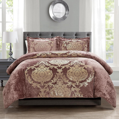 Metallic Print Comforter Set, Distressed Velvet Face with Metallic Foil Print an