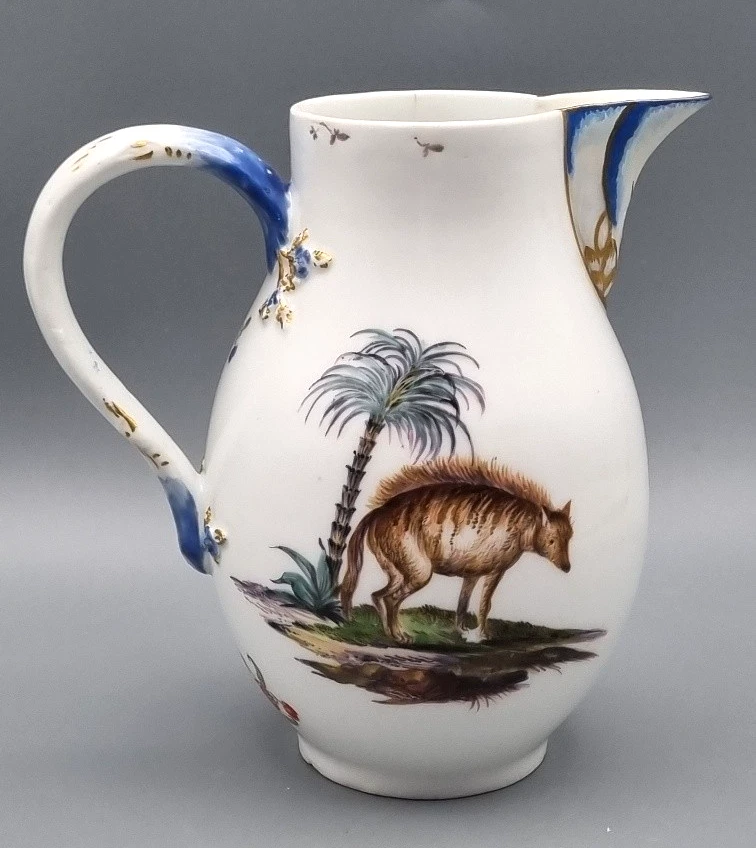Meissen Porzellan Krug Kanne 1. Wahl 18. Jhd. antik Hyäne Hirsch Blume Schwerter - Bild 1 von 4