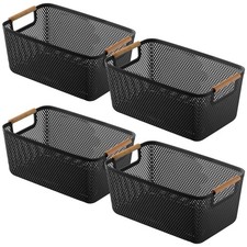 4 Pcs Stackable Wire Baskets, Plastic Storage Baskets with Wooden Handles, Bl...