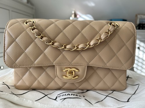Chanel Beige Caviar Small Classic timeless double flap bag. Gold hardware 