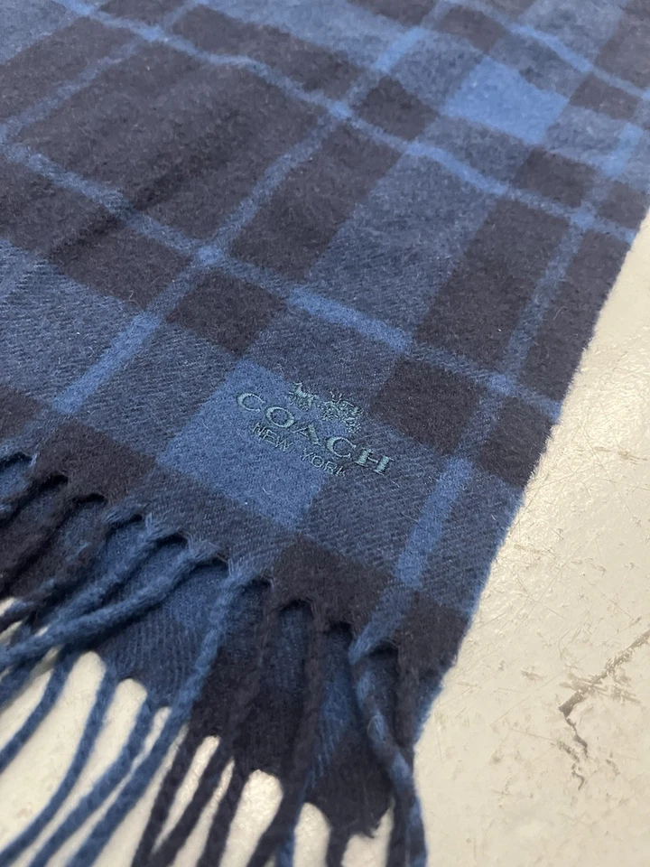 Bufanda Coach Cashmere azul negro a cuadros con flecos 66x12  Foto 2 de 4