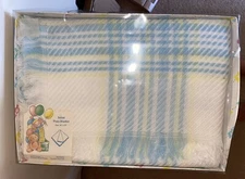 NIB Vintage Baby Pram Crib  Blanket Blue Yellow White Plaid 36x50  New RN27829