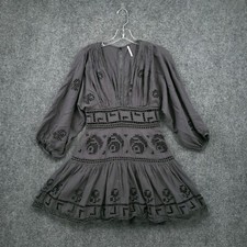 Free People Dress Womens 0 Gray Tea Time Mini Plunge V Neck Eyelet Babydoll Boho