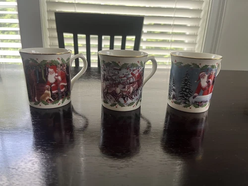 Lenox Coffee Cups Santa's Holiday Journey Vintage Christmas Mugs Set of 3