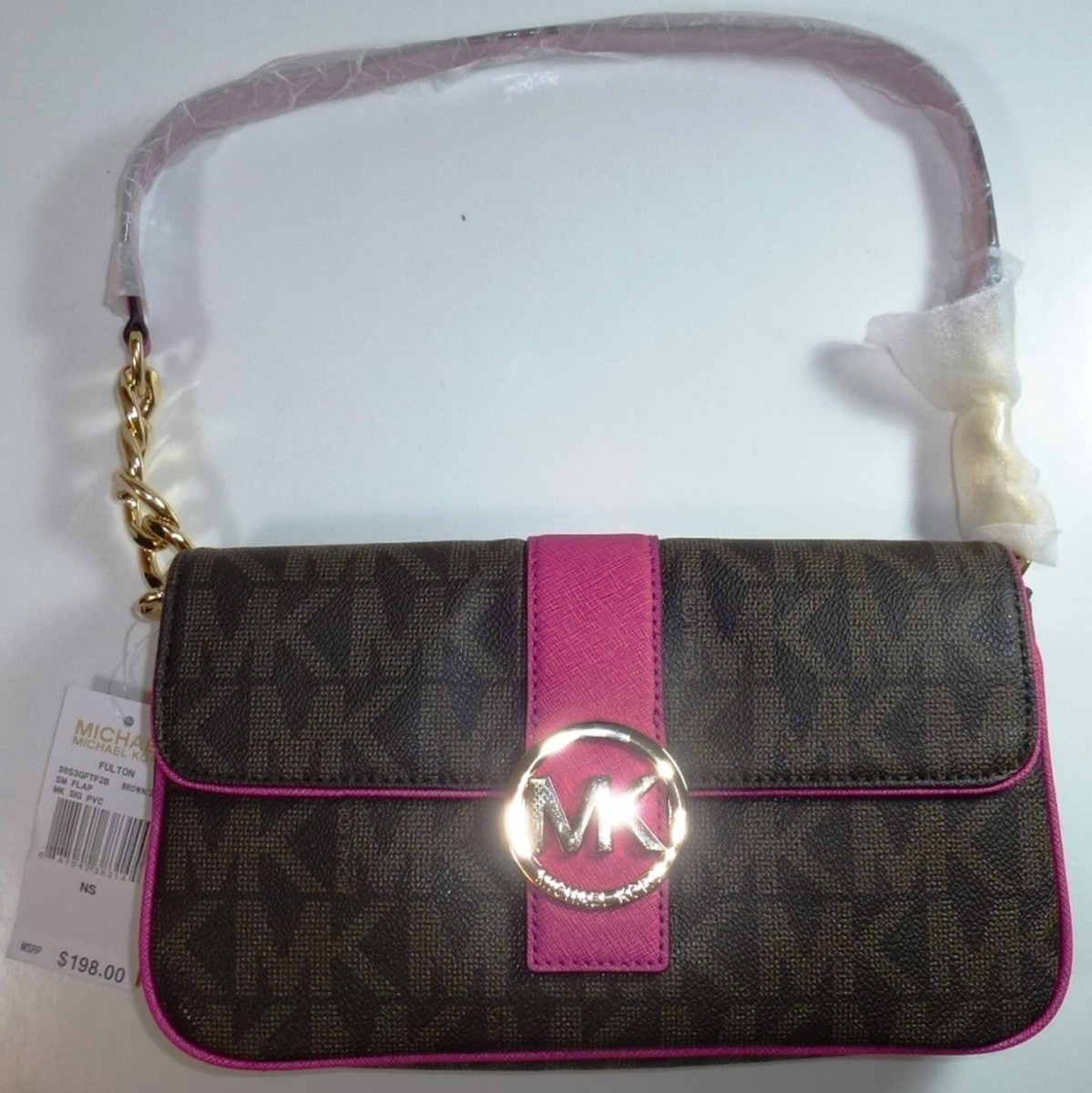 Michael Kors Womens Mirella Medium Pebbled Leather Tote Bag  Michael Kors Pink and Black Women\'s Bag display picture 1
