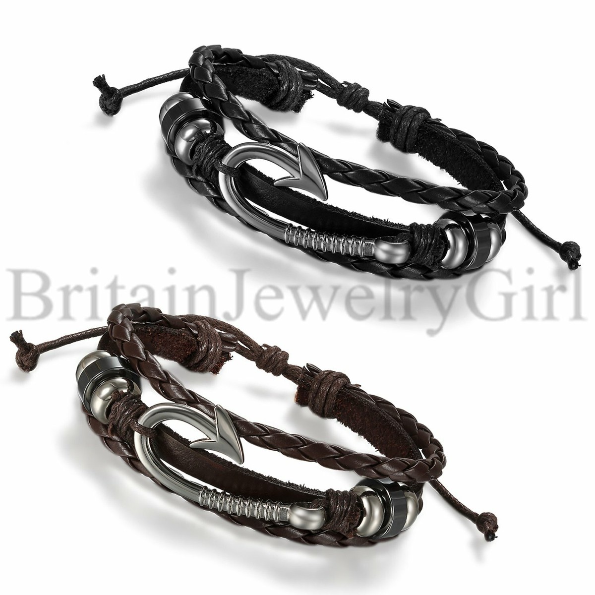 Men Women Multi-layer Fishing Hook Beaded Braided Leather Cuff